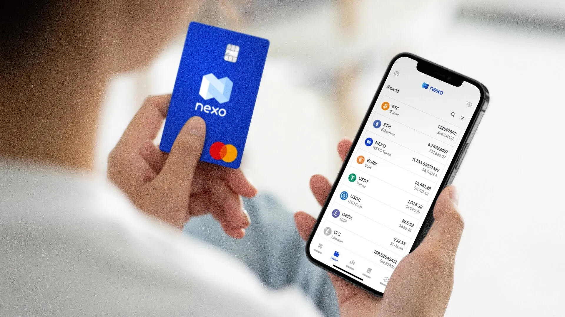 A person holding the Nexo card in their left hand and a mobile phone with open Nexo app in the right hand.