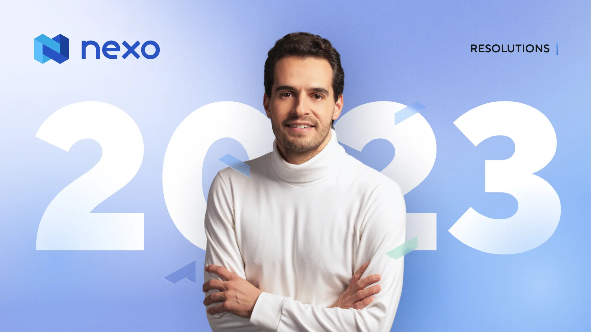 Antoni Trenchev portrait in front of large 2023 text in a Nexo visual.