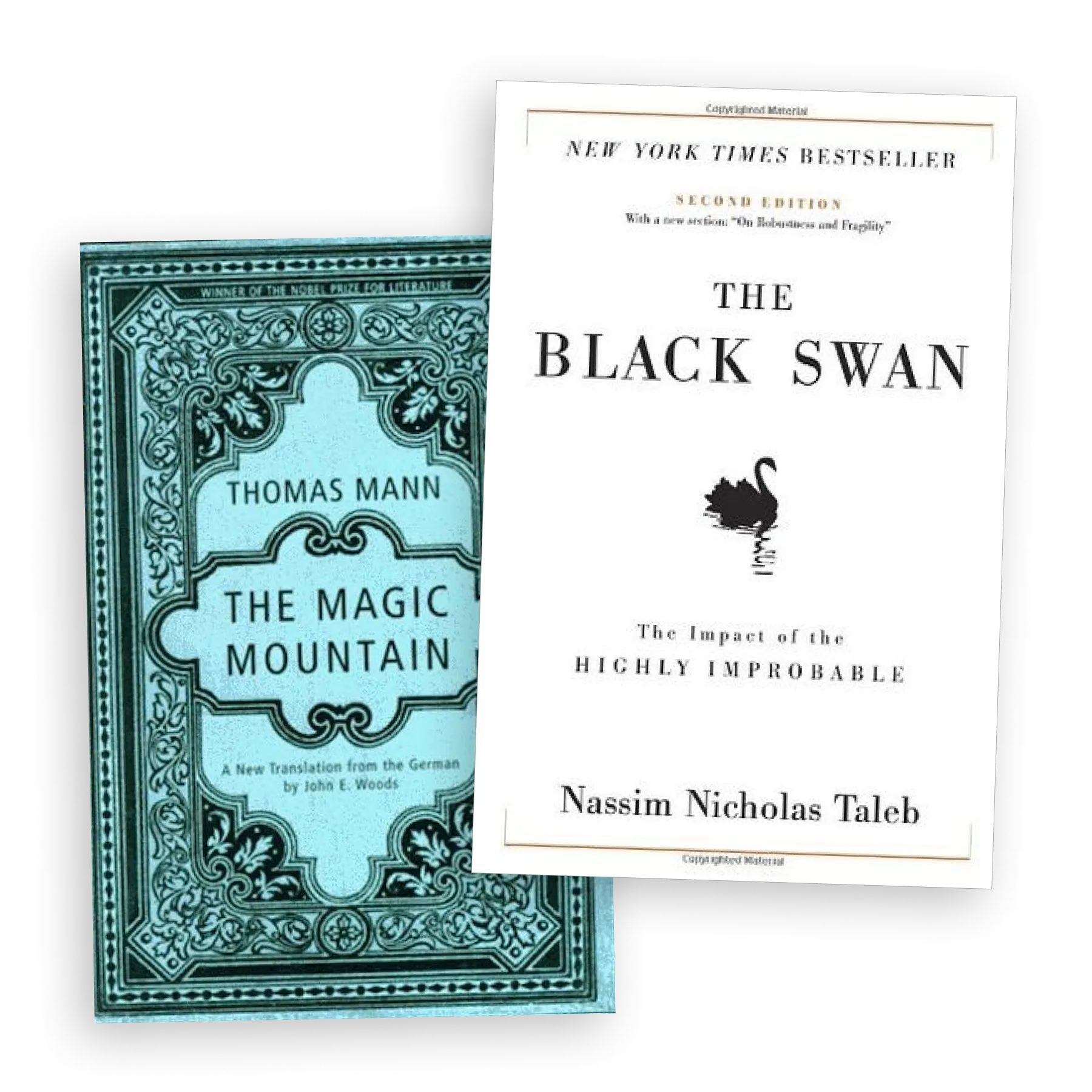 An image showing the covers of the books "The Black Swan" by Nassim Taleb and "The Magic Mountain" by Thomas Mann